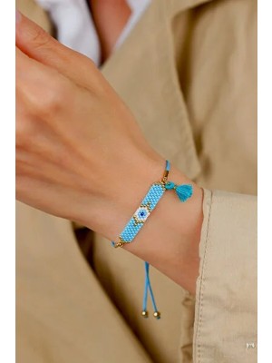 Kübüşün Atölyesi KA-024 Miyuki Bileklik - Püsküllü Tam Nazar Serisi - Açık Mavi