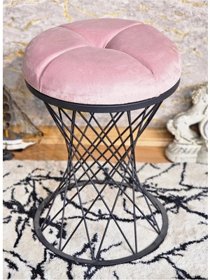 Sevinç Mobilya Yuvarlak Siyah Boyalı Pembe Puf Oturak - Bench - Ayak Ucu Oturak - Tabure - Makyaj Oturak