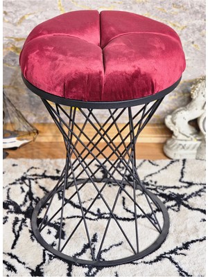 Sevinç Mobilya Yuvarlak Siyah Boyalı Bordo Puf Oturak - Bench - Ayak Ucu Oturak - Tabure - Makyaj Oturak