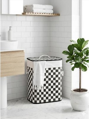 Hüco Bazaar Bambu Dama Desenli Siyah Beyaz Kirli Çamaşır Sepeti Çok Amaçlı Sepet Oyuncak Sepeti