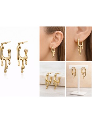 Stainless Steel Gold Damla Tasarım Paslanmaz Çelik Kadın Küpe