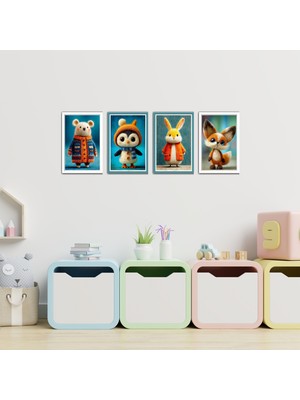 TASARIM ŞEYLER 4 Parça Hayvan Figürlü Çocuk ve Bebek Odası Mdf Tablo Seti - Tilki, Tavşan, Penguen, Ayı