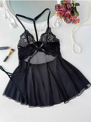 Vera Montel Dantelli Transparan Siyah Gecelik