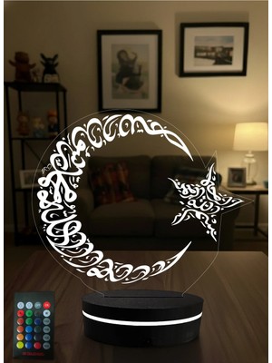 Eymi Design 3D Ay Yıldız Gece Lambası - 16 Renk Kumandalı Hediye