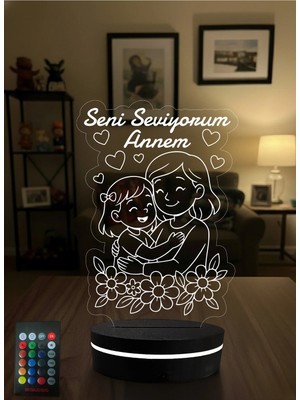 Eymi Design Anneler Günü Hediyesi 3D LED Gece Lambası - Seni Seviyorum Annem Tasarımlı Dekoratif Aydınlatma