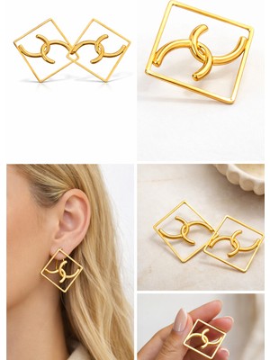 Stainless Steel Paslanmaz Çelik Gold Kare Küpe – Amblem Tasarım Kadın Küpe