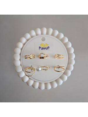 Purpur Acessories 6'lı Zirkon Pirinç Incili ve Taşlı Yüzük Seti