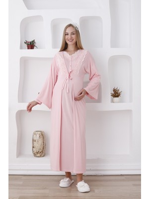Erdeniz Tekstil Önü Düğmeli Uzun Kollu Hamile /lohusa Gecelik ve Sabahlık Takımı-2'li Set