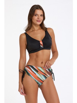 Argento Kadın Siyah Çizgili Sabit Kaplı Ayarlanabilir Askılı Yüksek Bel Yanı Ayarlanabilir Bikini Takımı