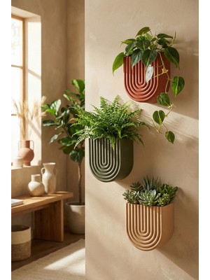 Puffin Design Wave 3'lü Duvar Saksı Seti (Bej, Terracotta, Zeytin Yeşil)