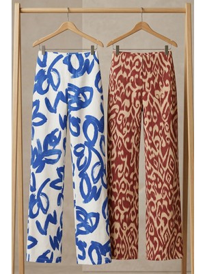 Cotenconcept 2 Adet Rahat Kalıp Yüksek Bel Bol Paça Viskon Karışım Kadın Pantolon