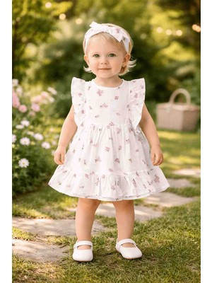 Lolons Kız Bebek Çiçek Desenli Elbise ve Bandana Takımı