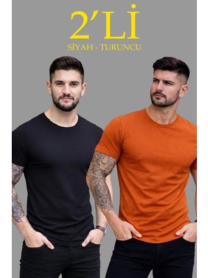 Erkek 2'li Bisiklet Yaka Tişört - Kısa Kollu Yazlık Slim Fit Body - Siyah & Turuncu