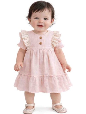 Kız Bebek Müslin Elbise -Fırfır Dantel Detaylı Pamuklu Yazlık Elbise