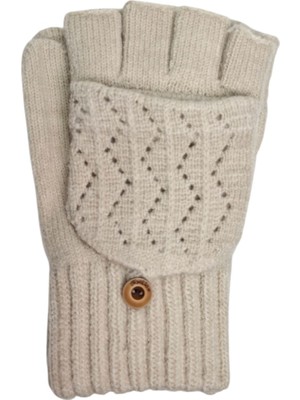 Spteks Suyutti Yetişkin Bayan Taş Renk Düz Desen Parmaksız ve Kapaklı Kışlık Örme Eldiven