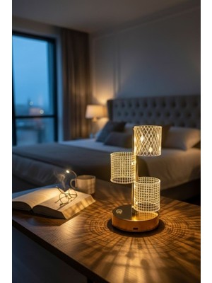 Plentiful 3 Parça Silindirik Kristal Ekose Kareli LED Masa Lambası – Gold Gövdeli, Dokunmatik, 3 Kadem