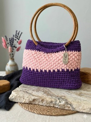 JKmons Mor Pembe El Yapımı Örgü Çanta Ahşap Daire Saplı Kadın El Çantası