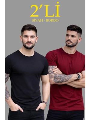 Erkek 2'li Bisiklet Yaka Tişört - Kısa Kollu Yazlık Slim Fit Body - Siyah & Bordo