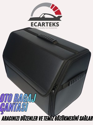 ECARTEKS Premium Quality Car Accessories Ecarteks Düz Deri Oto Bagaj Organizeri Fermuarlı Sabitlemeli Kulplu