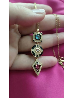 316L Çelik Vintage Tasarım Çoklu Taşlı Gold Renk Kadın Kolye Figürlü Zirkon Detaylı Şık Kolye