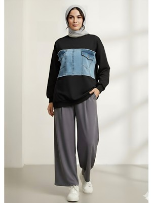 Modamorfo Yuvarlak Yaka Önü Kot Cep Detaylı Sweat -Siyah