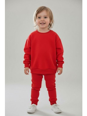 Evavi Kız Çocuk Baskısız Düz Bisiklet Yaka Kırmızı Sweatshirt ve Cepli Eşofman Altı Takımı