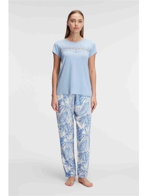 Çamaşır Kenti  Kısa Kol Bisiklet Yaka Kadın Viskon Çiçek Desenli Yazlık Örme Dantel Detaylı Pijama Takımı