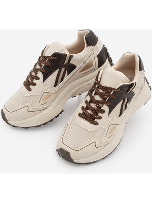 Marjin Kadın Sneaker Yüksek Kalın Taban Bağcıklı Sneaker Spor Ayakkabı Batira Bej