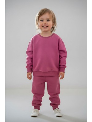 Evavi Kız Çocuk Baskısız Düz Bisiklet Yaka Pembe Sweatshirt ve Cepli Eşofman Altı Takımı
