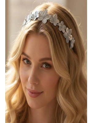 Caş Dekorasyon Gümüş Renk Metal Çiçekli Taç