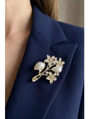 Caş Dekorasyon Altın Renk Incili ve Taşlı Broş