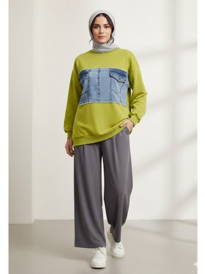 Modamorfo Yuvarlak Yaka Önü Kot Cep Detaylı Sweat -Yağ Yeşili