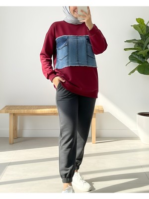 Modamorfo Yuvarlak Yaka Önü Kot Cep Detaylı Sweat -Bordo