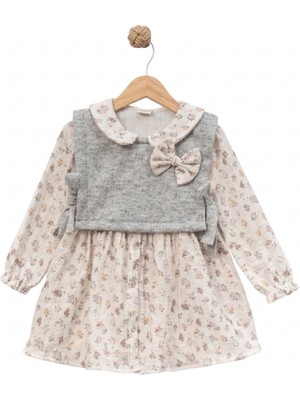 Dadiva Kız Çocuk Bayramlık Müslin Elbise Süveter Detaylı Çiçek Desenli Şık Elbise 2-5 Yaş