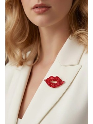Caş Dekorasyon Kırmızı Renk Dudak Model Taşlı Broş