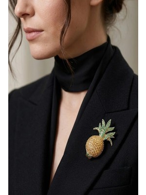 Caş Dekorasyon Altın Renk Ananas Figürlü Taşlı Broş