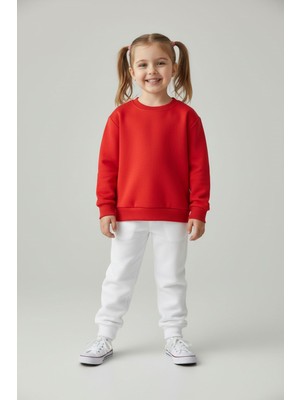 Evavi Kız Çocuk Baskısız 2 Renk Bisiklet Yaka Kırmızı Sweatshirt ve Beyaz Eşofman Altı Takımı