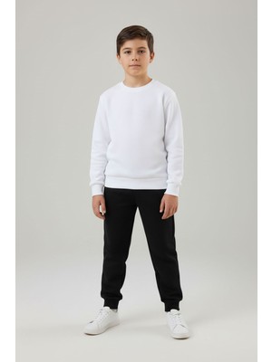 Evavi Erkek Çocuk Baskısız 2 Renk Bisiklet Yaka Beyaz Sweatshirt ve Lacivert Eşofman Altı Takımı