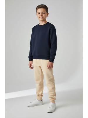 Evavi Erkek Çocuk Baskısız 2 Renk Bisiklet Yaka Lacivert Sweatshirt ve Krem Eşofman Altı Takımı