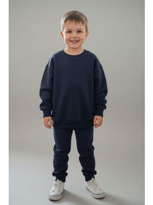 Evavi Erkek Çocuk Baskısız Düz Bisiklet Yaka Lacivert Sweatshirt ve Cepli Eşofman Altı Takımı