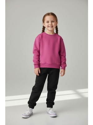 Evavi Kız Çocuk Baskısız 2 Renk Bisiklet Yaka Pembe Sweatshirt ve Siyah Eşofman Altı Takımı