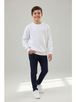 Evavi Erkek Çocuk Baskısız 2 Renk Bisiklet Yaka Beyaz Sweatshirt ve Lacivert Eşofman Altı Takımı