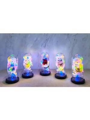 EkoAlışverişDünyam Işıklı Müzikli Fanus Içinde Sevimli Ayıcıklı Gül Buketi