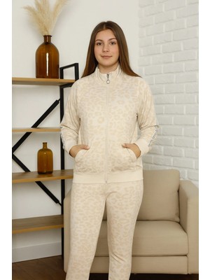 GMG Collection Baby Kız Çocuk Leoparlı Fermuarlı Krem Eşofman Takımı 11YAŞ,12YAŞ,13YAŞ,14YAŞ