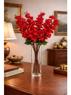 1 Adet Yapay Bahar Dalı Japon Kiraz Çiçeği – Kırmızı 9 Dallı Çiçek, Ev Vazo Aranjmanı, 57 cm