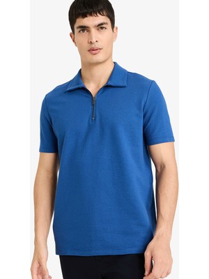 Defacto Fermuarlı Yaka Kısa Kollu Indigo Erkek Polo Yaka T-Shirt F9868AX/IN272