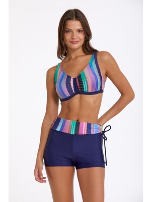 Argento Kadın Laci Çizgi Desenli Çıkarılabilir Kaplı  Şortlu Bikini Takımı