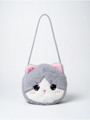 Mollycrush Kız Çocuk Kedi Figürlü Peluş Çanta – Gri Kawaii Omuz Çantası