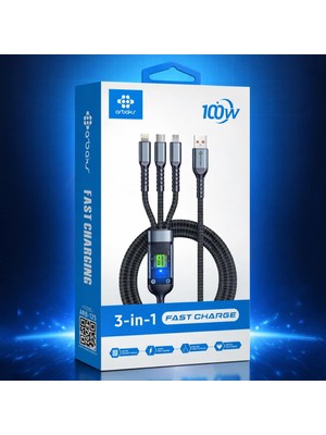 Hsc Bilişim Arbaks ARB-125 3’ü 1 Arada 100W Hızlı Şarj Kablosu – Type-C, Lightning, Micro Usb, LED Ekranlı, Örg