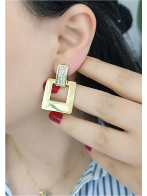 Kadın Gold Çelik Taşlı Kare Sallantılı Küpe – Paslanmaz Çelik Şık Modern Küpe